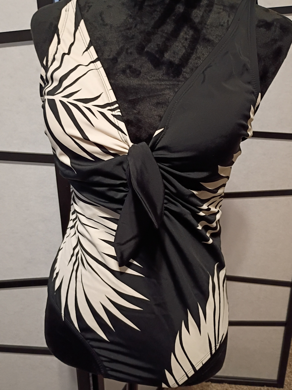 Kona Sol Black and Cream Tropical Leaf One-Piece Swimsuit